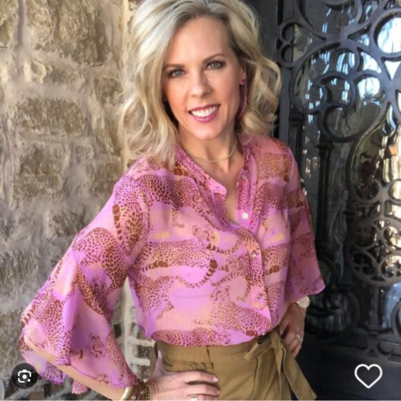 Cabi 5711 Pink/Brown Minx Leopard Graphic Semi Sheer Wide Sleeve Blouse Sz L - Picture 2 of 6